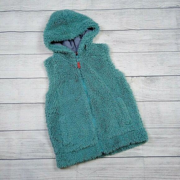 9/10 Mini Boden Teal Hooded Furry Vest - Picture 1 of 7